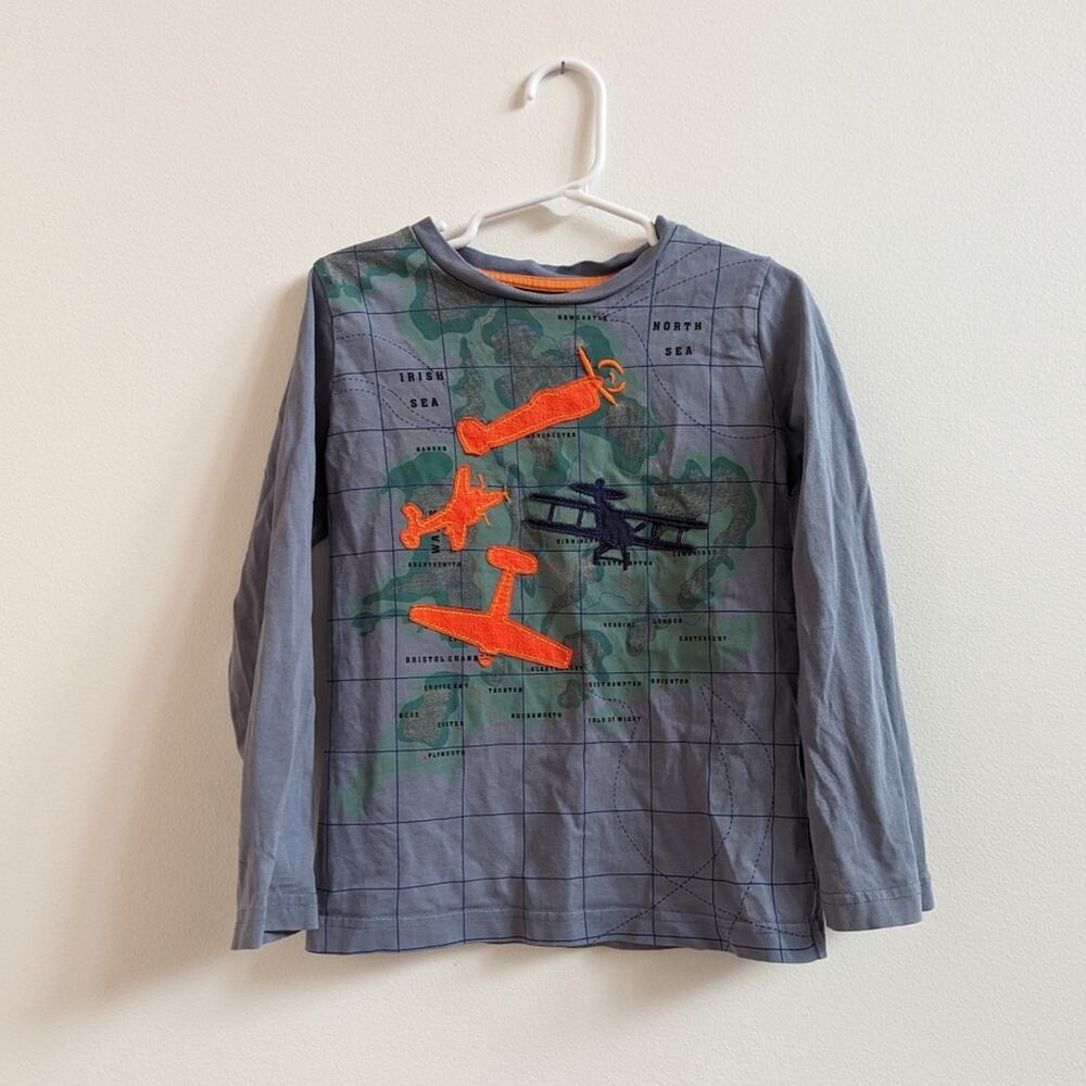 Mini Boden Shirt 3-4Y Boys Blue Long Sleeve Airplane Map